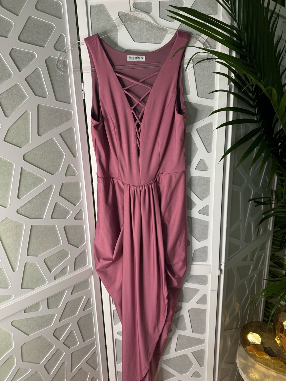 Fashion Nova Dusty Rose Sleeveless Maxi with Lattice V-Neck